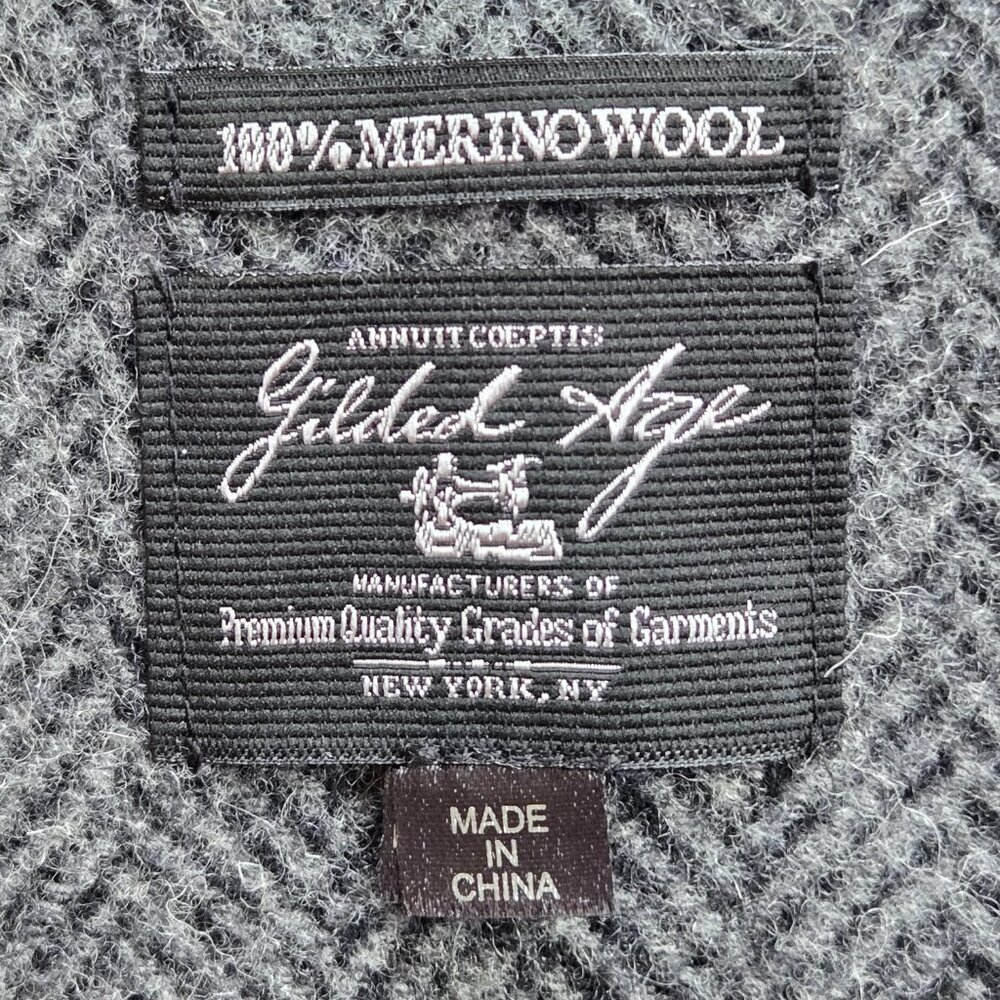 Gilded Age 100% Merino Wool Herringbone Grey Black Fringe Scarf - Picture 2 of 7